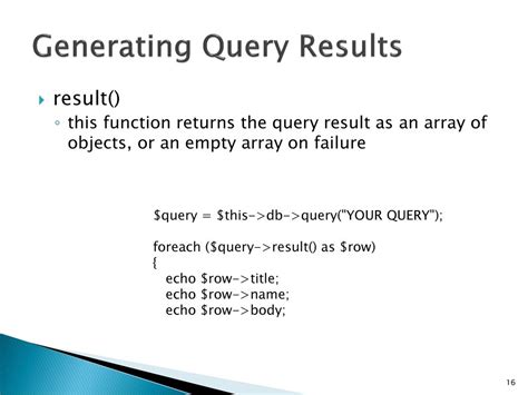 Generating Query Results — CodeIgniter 3.1.13 documentation.